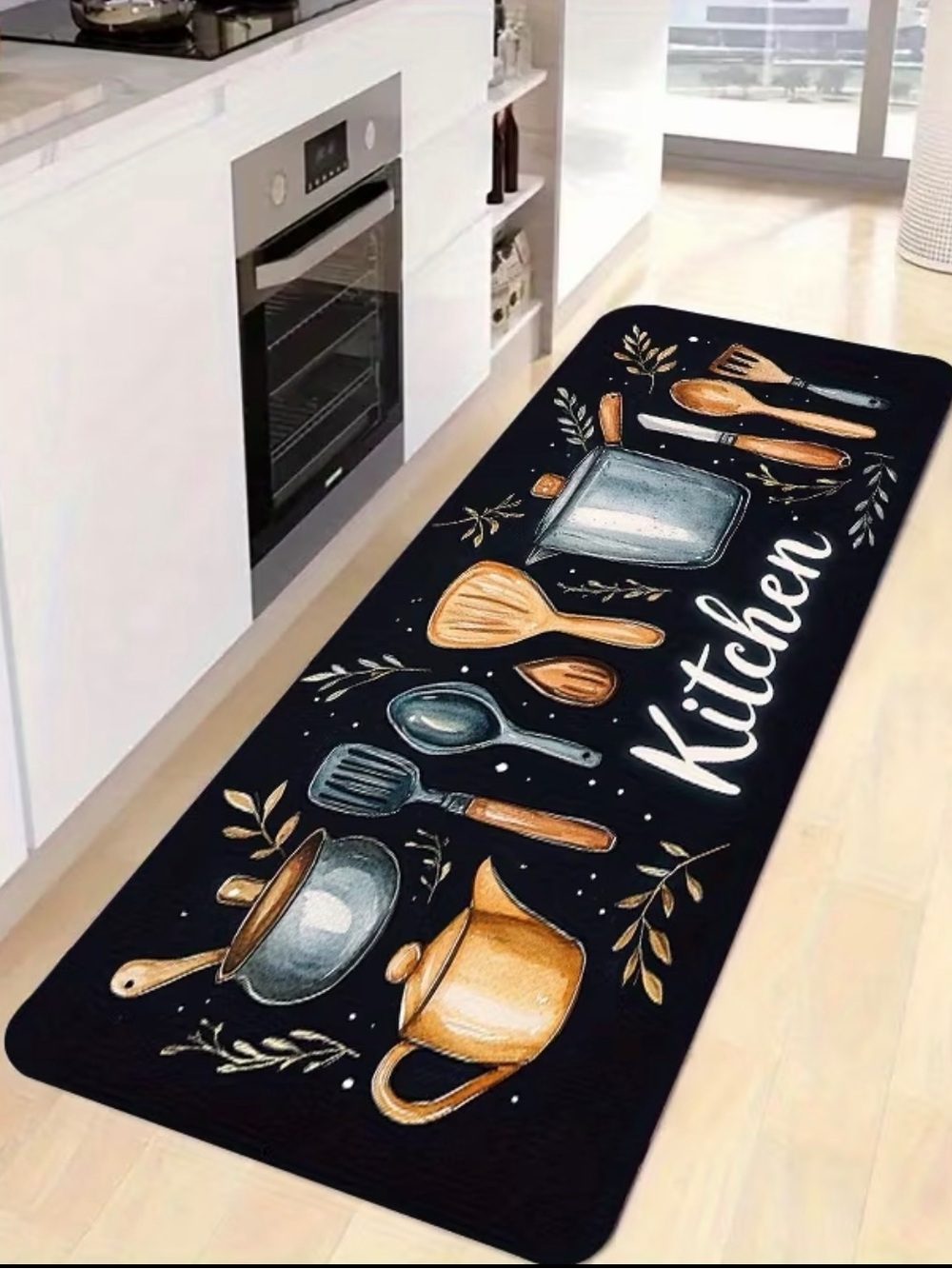 ✴️New✴️Kitchen Non-Slip Runner Rug in Black with Cookware Design